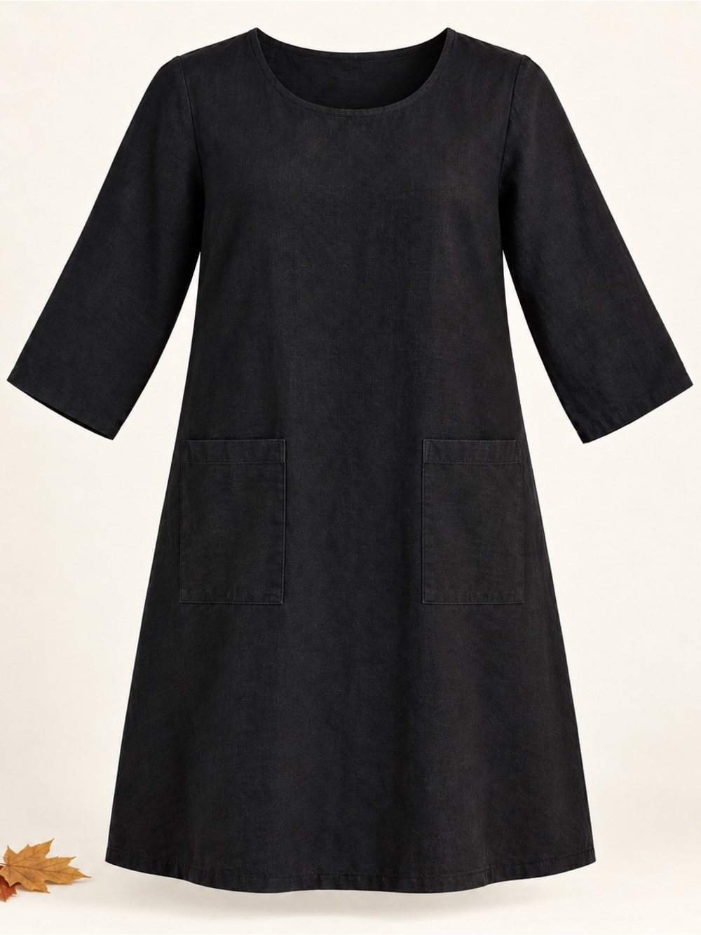 Flax 100% Linen Black A-Line Midi Dress with Front Patch Pockets